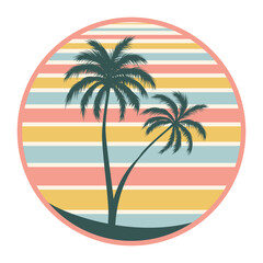A retro sunset badge with silhouettes of palm trees. Illustration on transparent background