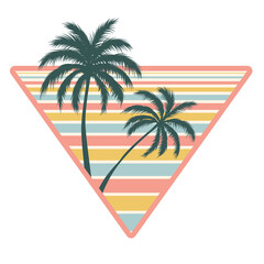 A retro sunset badge with silhouettes of palm trees. Illustration on transparent background