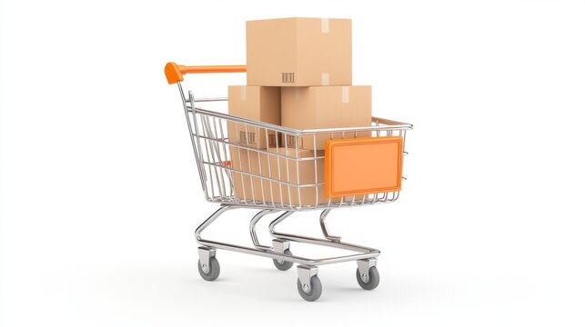 hyperrealistic shopping trolley, metallic frame, vibrant orange handles and wheels, filled with cardboard boxes, 3d render, isolated on white, crisp details, soft shadows