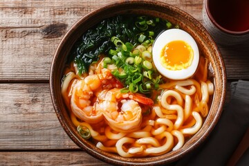 Stunning Top-Down Professional Photography of Traditional Japanese Udon with Shrimp, Green Onions, and Soft-Boiled Egg Ideal for Food Blogs, Menus, and Japanese Cuisine Photography