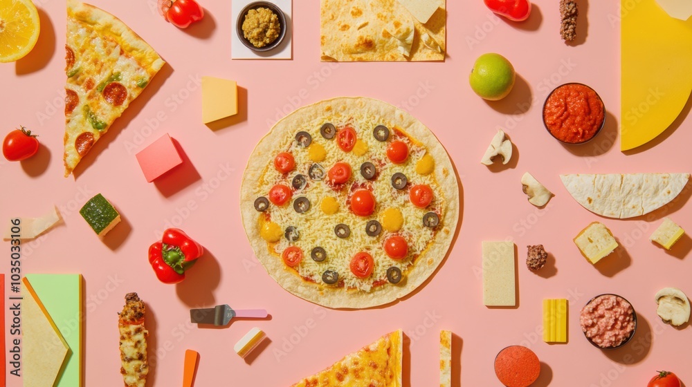 Poster an assortment of tacos and pizza is beautifully arranged in geometric order on a bright surface, sho