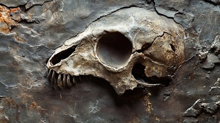 A Partially Preserved Animal Skull Embedded in a Cracked Stone Surface