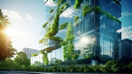 Eco-friendly building modern city sustainable glass building Ecology concept Office building with green environment
