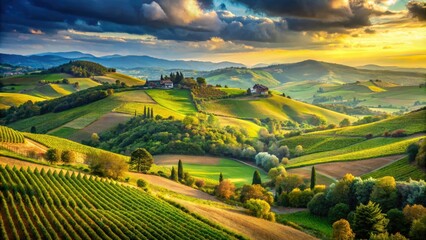 Naklejka premium The Italian countryside unfolds in rolling hills, flourishing vineyards, and verdant fields, presenting a stunning landscape that showcases the region's tranquil and picturesque charm.