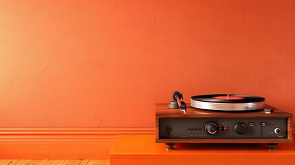 Obraz premium Charming Antique Record Player Positioned Next to a Pastel Orange Wall, with a Vinyl Record Spinning, Creating a Nostalgic Atmosphere and Vintage Vibes