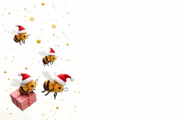 Bees in Santa hat on white background, illustration