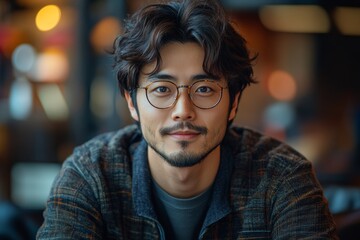 Obraz premium Man with glasses and a beard is sitting on a couch. He is wearing a plaid shirt and a gray shirt