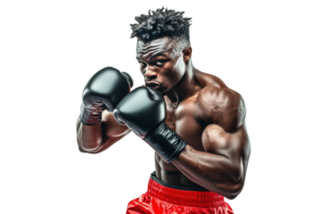 A male boxer in red shorts and black gloves
