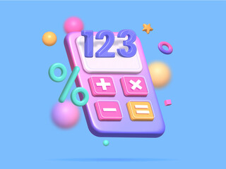 3D Realistic Gradient Purple Calculator in Isolated Background Vector Illustration. Concept of Financial Management. Math Device. Math Tool
