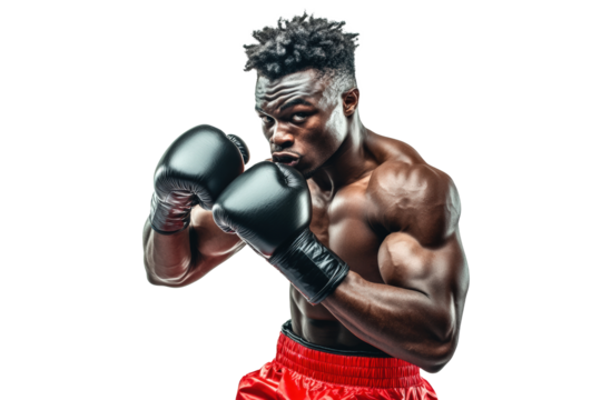 A male boxer in red shorts and black gloves