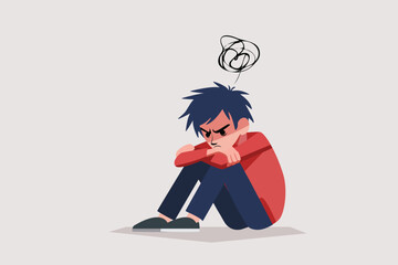 mental health concept , angry man - boy, sitting on floor, hugging knees , mix feeling of nervous, depressed, sad , cry. cartoon vector  