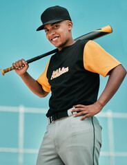 Sport, baseball player and portrait with bat on field for match exercise, competition workout and smile on pitch. Teenager, boy athlete or fitness for game performance, training or softball challenge