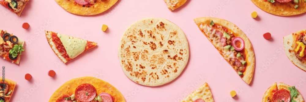 Aufkleber a tempting assortment of tacos and pizza slices is creatively arranged in geometric order on a brigh
