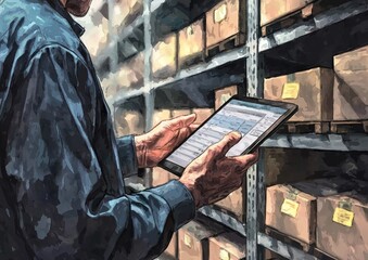Hands Holding Tablet in Warehouse Environment