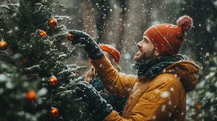 Family choosing a Christmas tree in a forest with snow gently falling