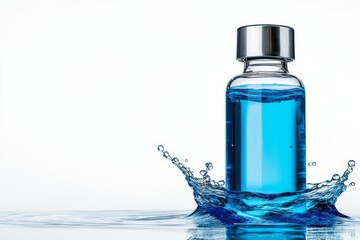 Obraz premium Bottle of medicine is floating in a splash of water. Bbottle is blue and has a lid on top. Splash of water creates a sense of movement and energy, while bottle itself represents a sense of stability