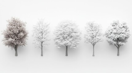 Five Snow-Covered Trees on White Background