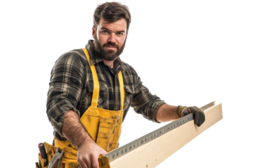 A male carpenter dressed in a flannel shirt and tool belt, holding a handsaw in one hand