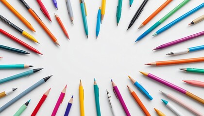 A chic model of a set of colorful pens on a bright white background, showcasing creativity and organization in writing and art, Generative AI