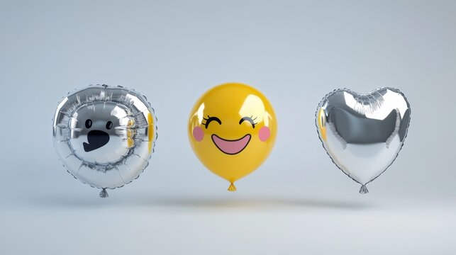 creative balloon forms lineup, pointy metallic balloon, round yellow emotional face balloon, delicate balloon flora, skillfully twisted balloon canine, love-themed silver balloon, hyper-realistic 3d
