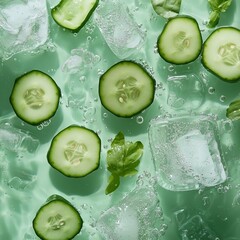 A sharp close-up of icy water filled with scattered ice cubes and vibrant slices of cucumber floating around. 