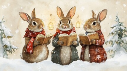 Fototapeta premium Three Bunnies Caroling in Snowy Winter Wonderland
