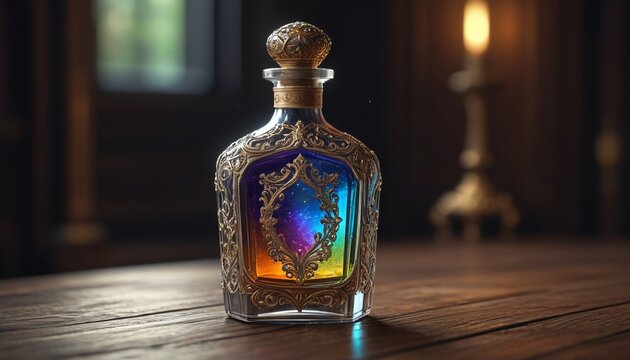 An elixir of invisibility contained in an ornate bottle, shimmering with ethereal light, ready for use in stealth missions, Generative AI