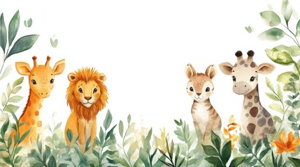 Naklejka premium Safari Animal Friends in Watercolor