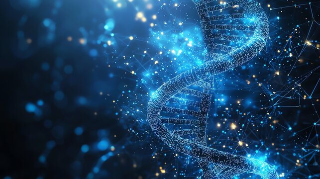 A mesmerizing representation of DNA structure with glowing blue elements, showcasing the beauty of genetic science and innovation.