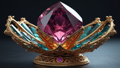 A rare gemstone that pulsates with magical energy, encased in an elaborate holder, hinting at its immense value, Generative AI