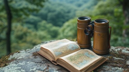 Bird-watching setup with binoculars and guidebook in a natural reserve