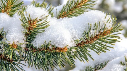 Close-up of a Snowy Pine Tree Branch with Green Needles