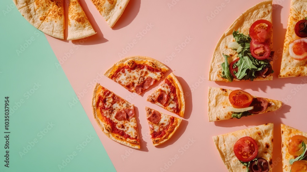 Aufkleber A delightful array of taco and pizza slices is artfully arranged in geometric patterns at a bustling outdoor food market. Generative AI
