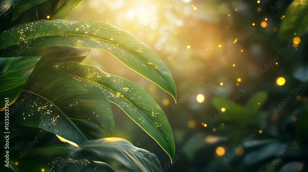 Wall mural lush green leaves glisten under warm sunlight, creating a serene atmosphere filled with soft bokeh l