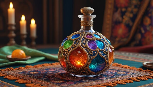 A vibrant healing potion bubbling in an ornate flask, its color signifying restorative properties, placed on a richly embroidered cloth, Generative AI