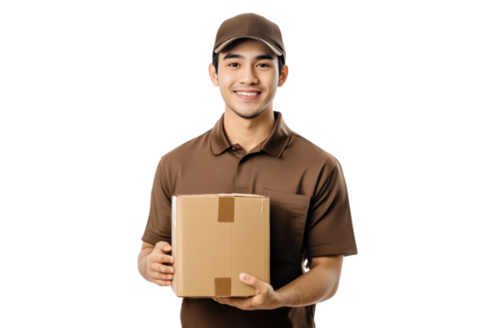 A male delivery driver wearing a brown uniform with a cap, holding a medium-sized cardboard package in both hands
