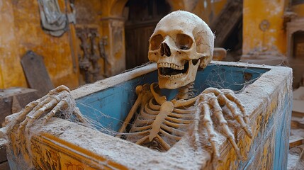 Skeleton in Dusty Coffin Surrounded by Cobwebs