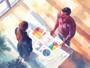 Business Meeting with Graphs and Charts in Watercolor Style