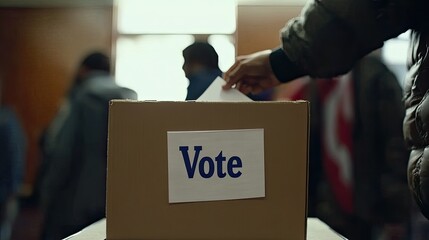 Close-up of a ballot being inserted into a box with "Vote" written
