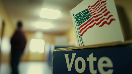 Close-up of a ballot being inserted into a box with "Vote" written