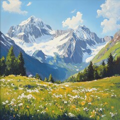 Fototapeta premium Snow-capped mountains and alpine meadow