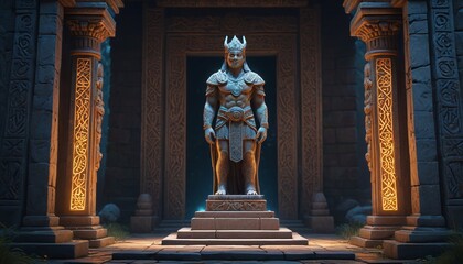 A guardian statue made of stone, adorned with glowing runes, standing vigil over an ancient temple entrance, Generative AI