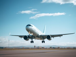 Airplane taking off from the airport. Passenger plane fly up over take-off runway from airport.