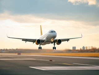 Airplane taking off from the airport. Passenger plane fly up over take-off runway from airport.