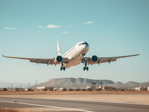 Airplane taking off from the airport. Passenger plane fly up over take-off runway from airport.