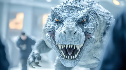 Close Up of a Dinosaur's Face with Sharp Teeth and Glowing Eyes