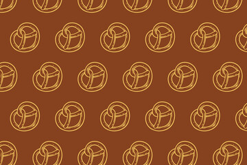 pretzel baked pastry with heart shape pattern on brown background. doodle pretzel outline symbol seamless pattern background. retro love pretzel shape seamless pattern for decor and merchandise