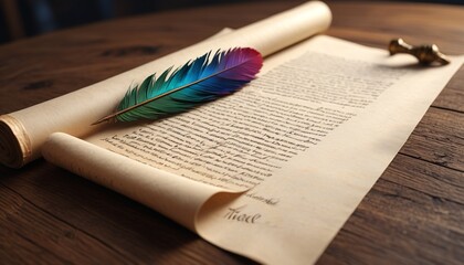 A spellbound quill that writes on its own, leaving trails of light, resting on a parchment scroll, Generative AI