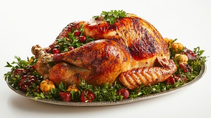 Roasted turkey with garnish on a platter, ready for Thanksgiving dinner. Isolated white background