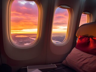 Fototapeta premium Airplane window beautiful sky. Shot from inside of airplane window with sky golden lights of sunset.